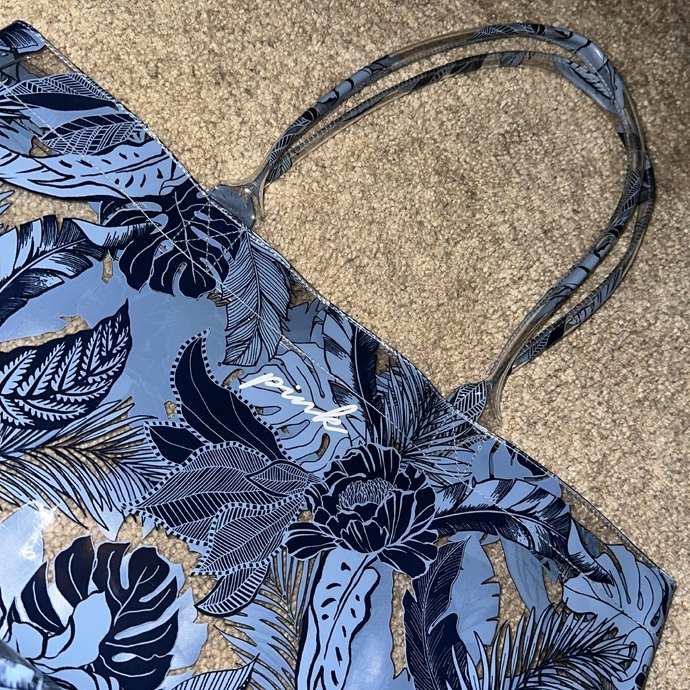 Victoria's Secret Pink Transparent Blue Flowers Tote Bag Beach Bag
